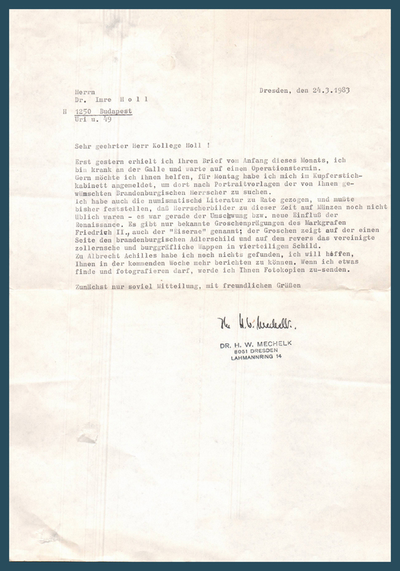 Dr. H. W. Mechelk levele Holl Imréhez Brandenburgi Albrecht Achilles ábrázolásairól